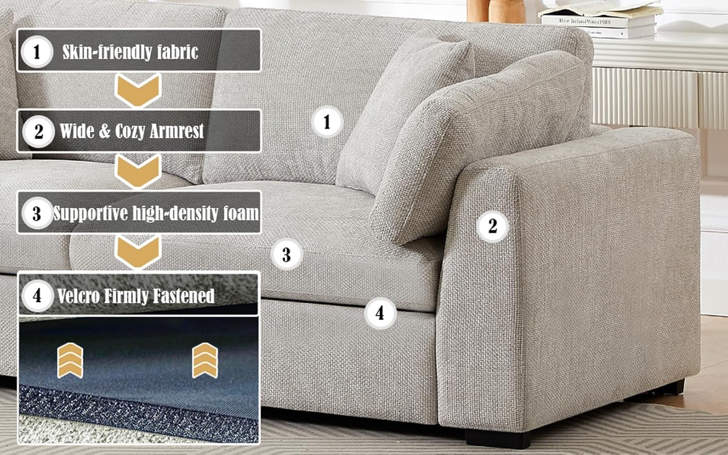 Flesser Deep Seat Sofa Modular Sectional Couch Wide Seat Lovesat Sectional Couch Sleeper 2 Seater Corduroy Couch for Living Room, Apartment, Home Office, Light Gray