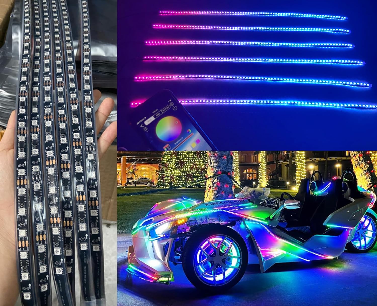 1.4Meters x6PCS 5FT 60" Single Row RGB Multi-Color Chasing Light Strips KIT for Car Truck Polaris Slingshot Golf Cart Hood Light Bluetooth + Remote Control