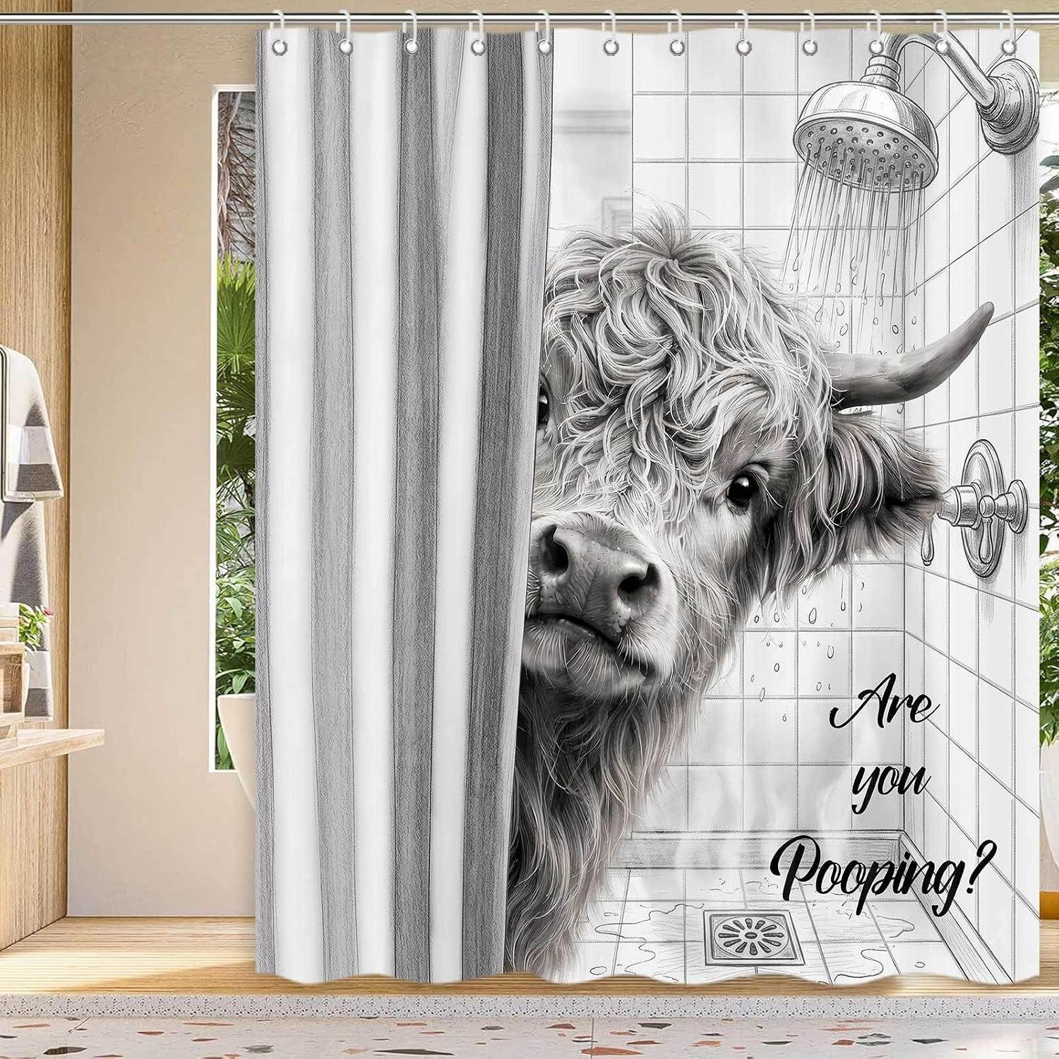 Funny Cow Shower Curtain Western Highland Cow Rustic Farmhouse Shower Curtains for Bathroom Decor Set Waterproof Cloth Fabric 72x72 Inch