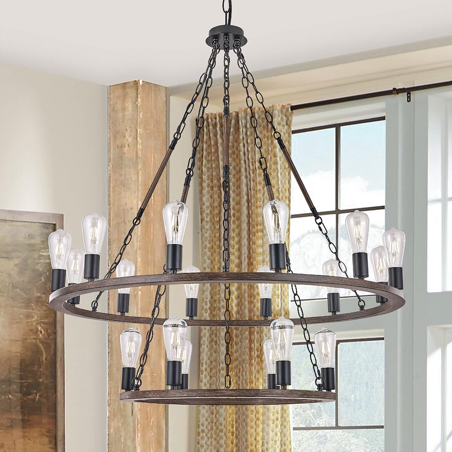 Vanity Art 18 Lights Wagon Wheel Chandelier Lighting Farmhouse Candle 2 Tier Ceiling Light Fixtures for Living Room Kitchen Dining Room MLT5218LT-DW-BK