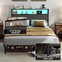 Vista 6 de Marco de cama tamaño completo con cabecero, marco de cama de plataforma de metal con luces LED y estación de carga, almacenamiento debajo