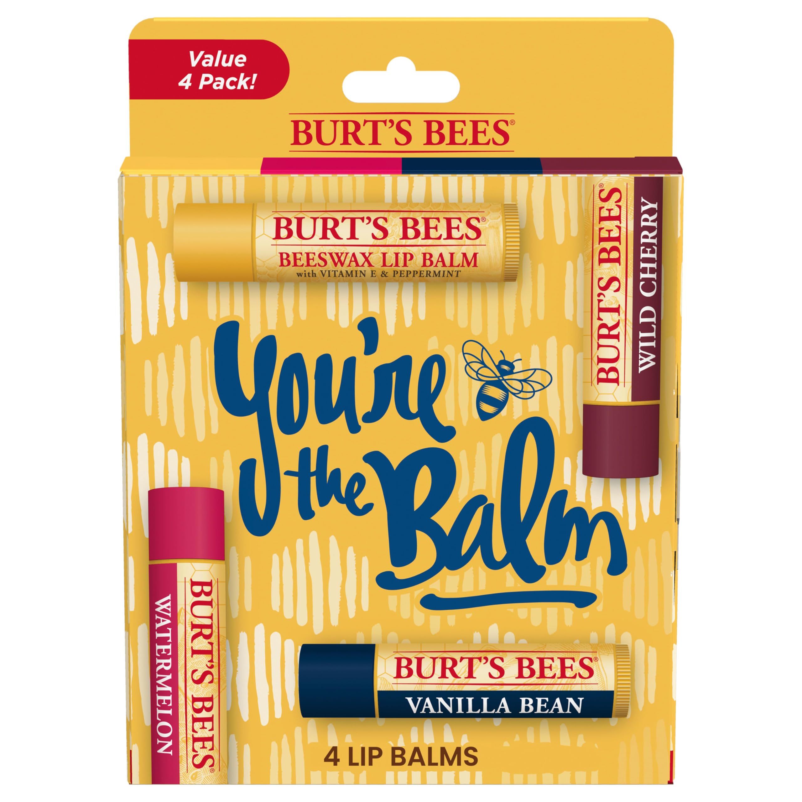 Lip Balm, Moisturizing Lip Care, for All Day Hydration, 100% Natural, You're the Balm - Original Beeswax, Wild Cherry, Vanilla & Watermelon (4 Pack)