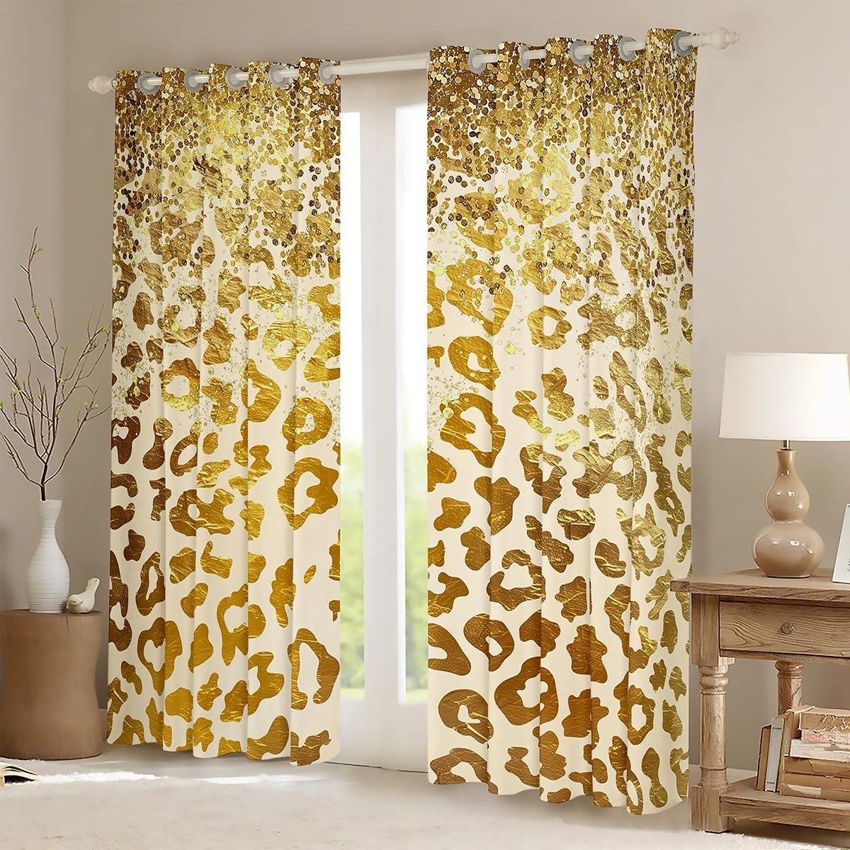 Manfei Kids Gold Leopard Blackout Curtain Gold Sequins Glitter Print Window Drapes for Boy Girls, Wild Animal Fur Print Window Treatments Grommet Top 2 Panel Set Bedroom Curtains, 52Wx96L inch