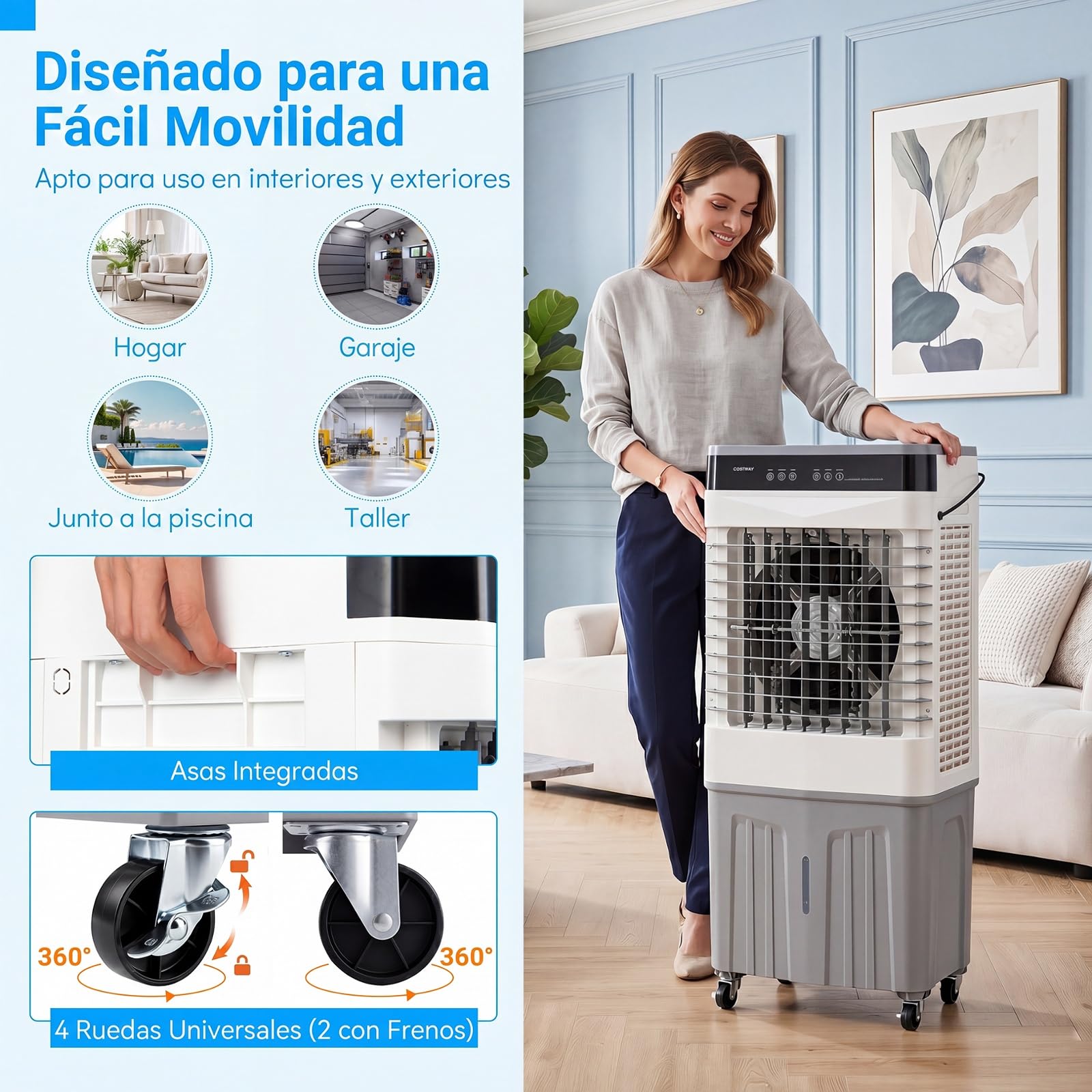 COSTWAY 3 en 1 Climatizador Evaporativo, Enfriador de Aire Portatil con 3 Velocidades, 2 Modos, 12H Temporizador, Ventilador con Ruedas, Oscilación de 70º/90° y Cubetas de Hielo (49 x 31 x 109 cm)
