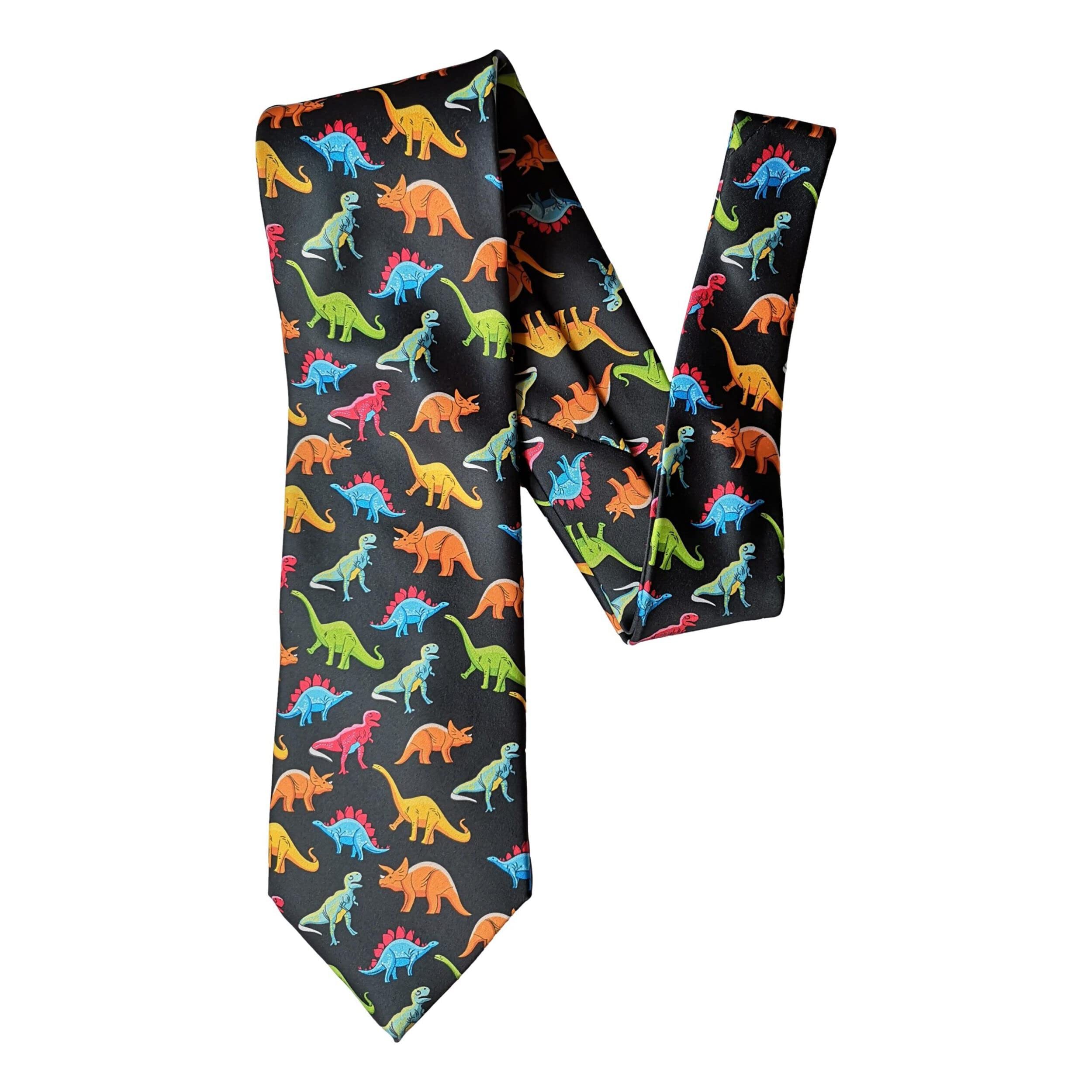 Coloured Dinosaurs on black Polyester Tie sleeved with hook
