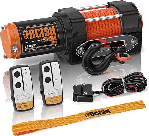 ORCISH Cabrestante eléctrico mejorado de 3500 libras 12V CC, kit de cabrestante ATVUTV para remolque, cuerda sintética de 14 pulgadas x 30 pies con