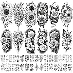 Yazhiji 92 Sheets Flower Temporary Tattoos For Women Arm NeckSunflower Serpent Peony Floral Rose Long Lasting Fake Tattoos For Adults Girl, Large Sexy Flowers Collection Waterproof Temporary Tattoos