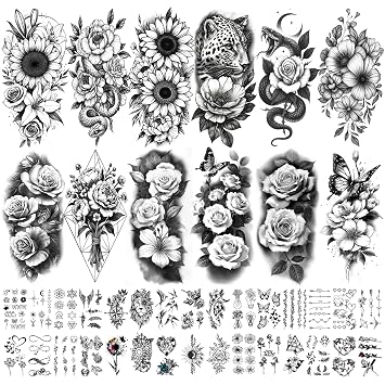 Yazhiji 92 Sheets Flower Temporary Tattoos For Women Arm Neck,Sunflower Serpent Peony Floral Rose Long Lasting Fake Tattoos For Adults Girl, Large Sexy Flowers Collection Waterproof Temporary Tattoos