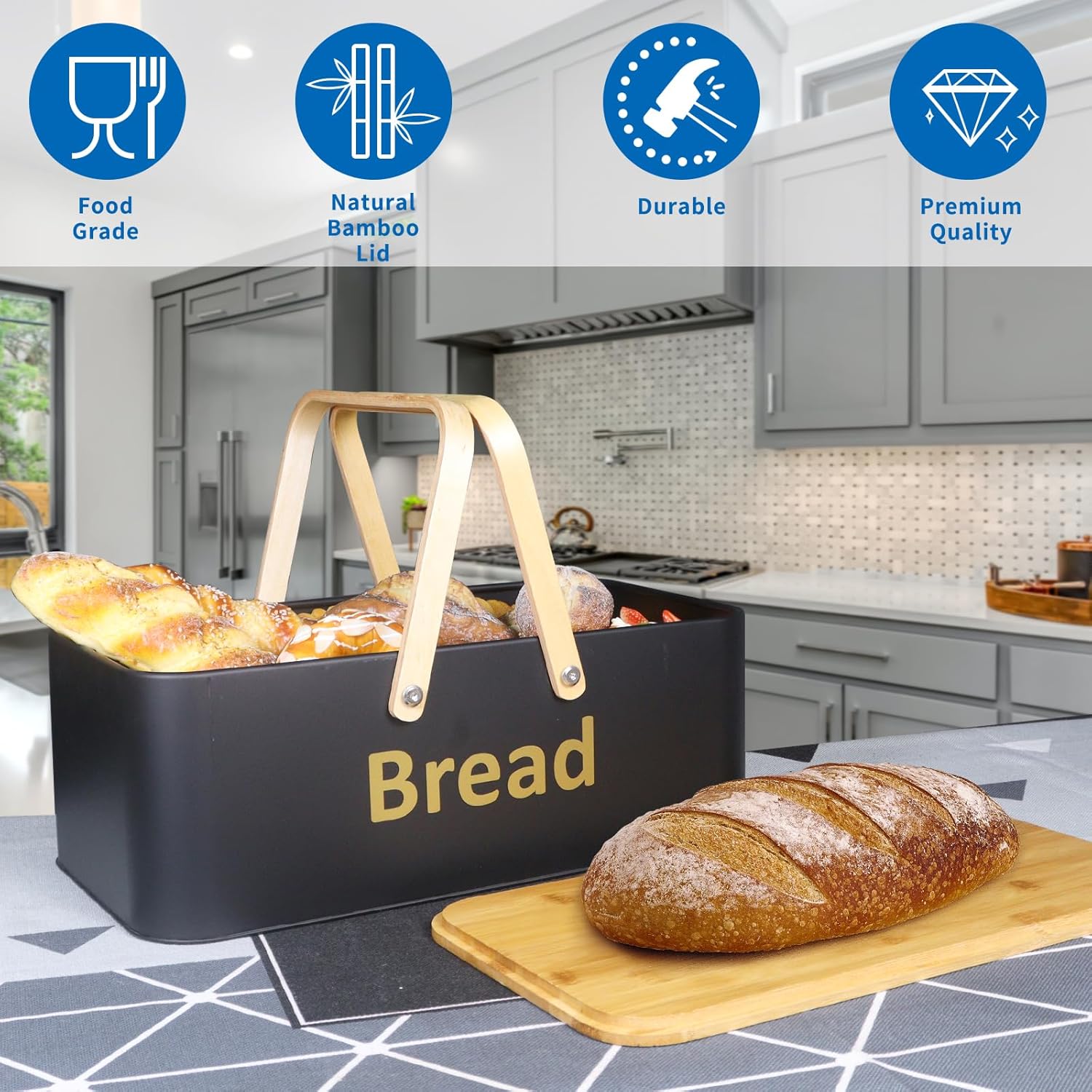 SOTECH Large Bread Box Metal Bread Bin with Bamboo Lid and Handle Portable Outdoor Bread Food Storage Container Modern Bread Box for kitchen Counter Organizer Kitchen Decor (black)