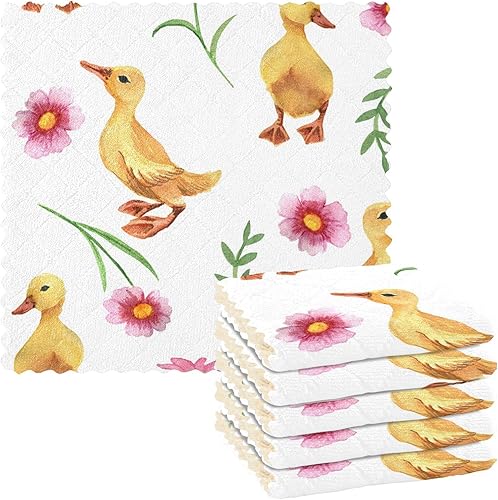 FRODOTGV Cute Yellow Ducklings Pink Flowers Soft Decorative Microfiber Cleaning Cloths Fast Drying 6 Pack Microfiber Drying Towel Kitchen for