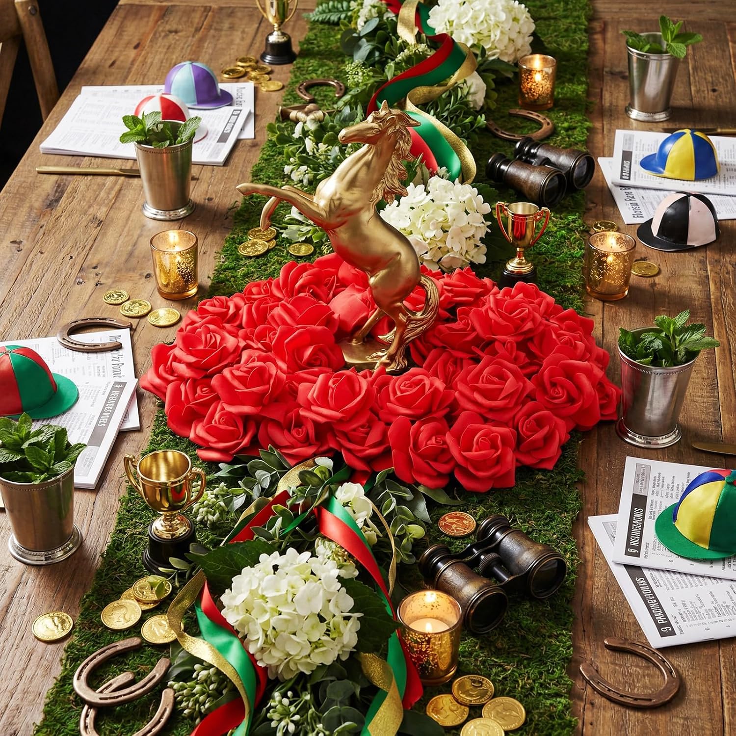 Threehoney Derby Table Decorations 11.6 Inch Horse Racing Table Centerpieces Gold Resin Horse Figurines with 20 Red Fake Roses Derby Party Decor for Festival Holiday Supplies Home Office Desk Decor