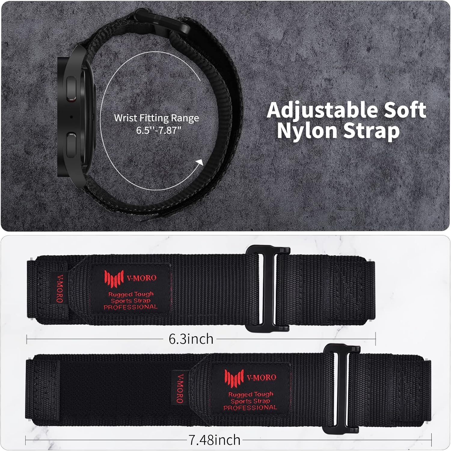V-MORO Band Compatible with Galaxy Watch 5 Pro 45mm/ Watch 4 Classic 46mm 42mm, 20mm Men Rugged Tactical Survival Nylon Sports Strap for Samsun Galaxy Watch 5 & 4 44mm 40mm-Black