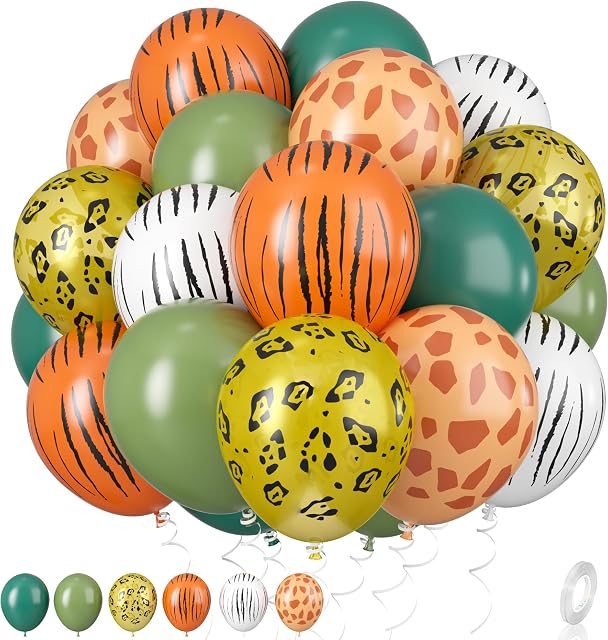 Jungle Balloons, 12 Inch Jungle Safari Balloons Animal Print Balloons Sage Green Olive Green For Jungle Safari Theme Party Decorations Jungle Theme Party Supplies (4 Kinds Animal Print Balloons)