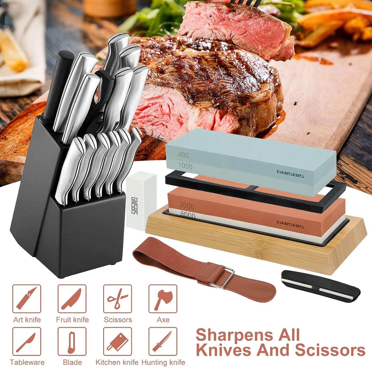Knife Sharpening Stone Kit - Whetstone Knife Sharpener, Premium 2 Side Grit 400/1000 3000/8000 With Flattening Stone,Bamboo Base,Angle Guide,Leather Strop,Polishing Compound. : Tools & Home Improvement