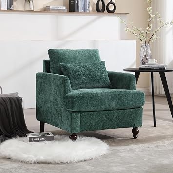 Chenille Single Sofa Chair, Upholstered Accent Chair with Soft Pillow, Mid Century Modern Reading Armchair with Gourd-Shaped Wood Legs for Living Room, Bedroom, Apartment, Emerald