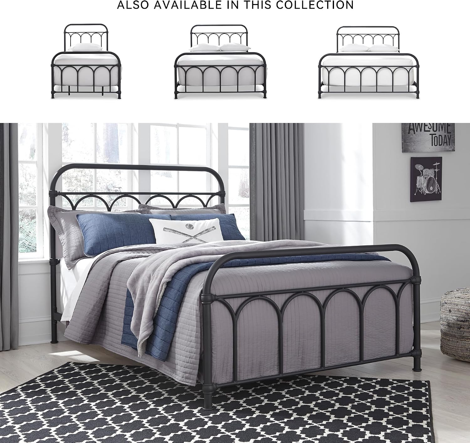 BOWERY HILL Full Metal Spindle Bed Frame, Matte Black Finish, 50" H x 58.5" W x 79" D, Molded Fittings, Wrought-Iron Style Modern Farmhouse Bed for Bedroom or Cottage Use