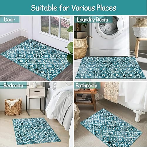 Miniatura 5 de Moynesa Alfombra de área lavable, 2 x 3 pies, color verde azulado, antideslizante, pequeña, moderna, geométrica, de lana sintética, envejecida, de