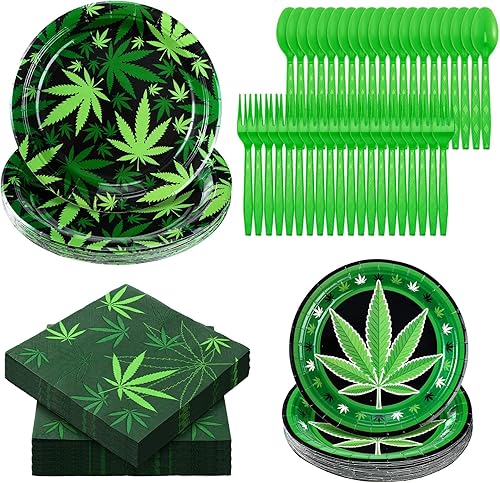 100 piezas de suministros de fiesta con temática de maleza, decoración de fiesta de maleza, platos de fiesta, servilletas, vajilla, hojas de maceta