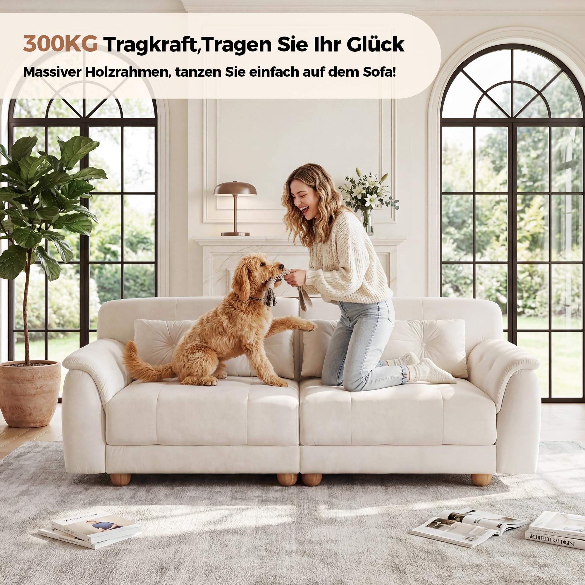 BonVache 2 Sitzer Sofa mit Knopfheftung, 3 Sitzer Samtsofa mit 2 Rückenkissen und kugelförmigen Massivholzbeinen, Bequemes Couch mit 54 cm Sitztiefe, Couch für Wohnzimmer, Weiß