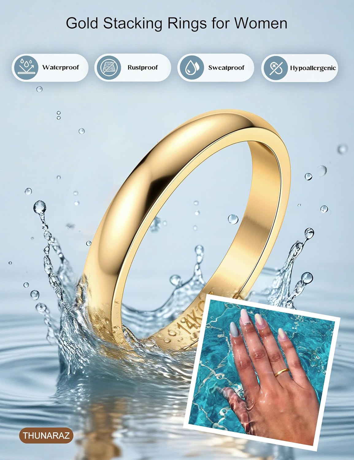 THUNARAZ 14K Gold Filled Rings Stacking Rings for Women Stackable Thin Gold Ring Plain Pinky Thumb Midi Statement Band Ring Comfort Fit 4Pcs 1mm 2mm 3mm 5mm - Image 6