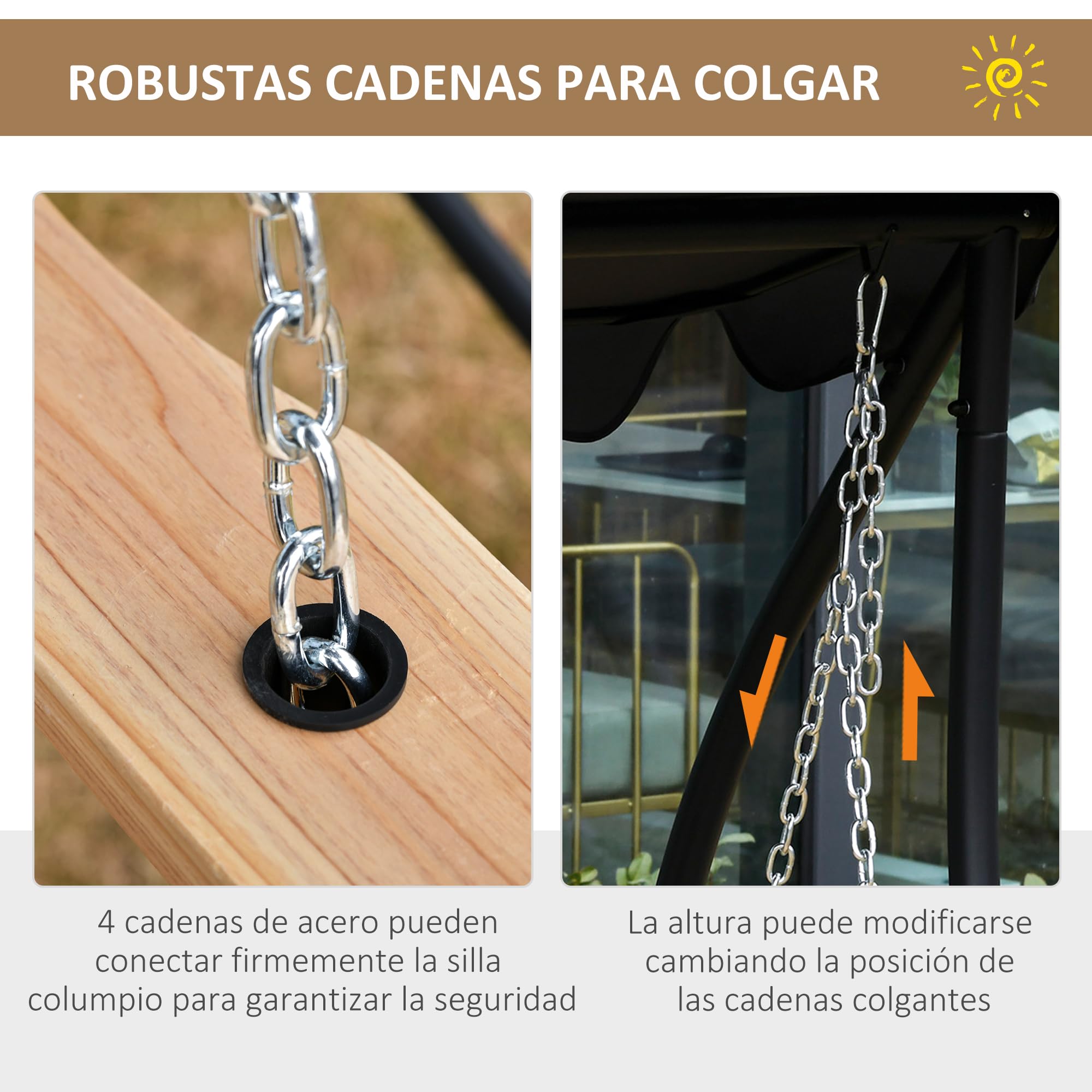 Outsunny Banco Columpio de 2-3 Plazas Banco Colgante de Madera con Mesa de Centro Plegable 2 Portavasos y Reposabrazos Carga 200 kg para Jardín Terraza Balcón 150x75x53 cm Natural