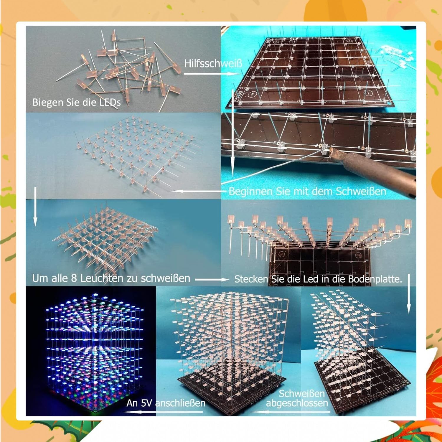 Soldering Practice Kit - 8x8x8 LED Color Light Cube Electronics DIY Project Kit for Children & Students