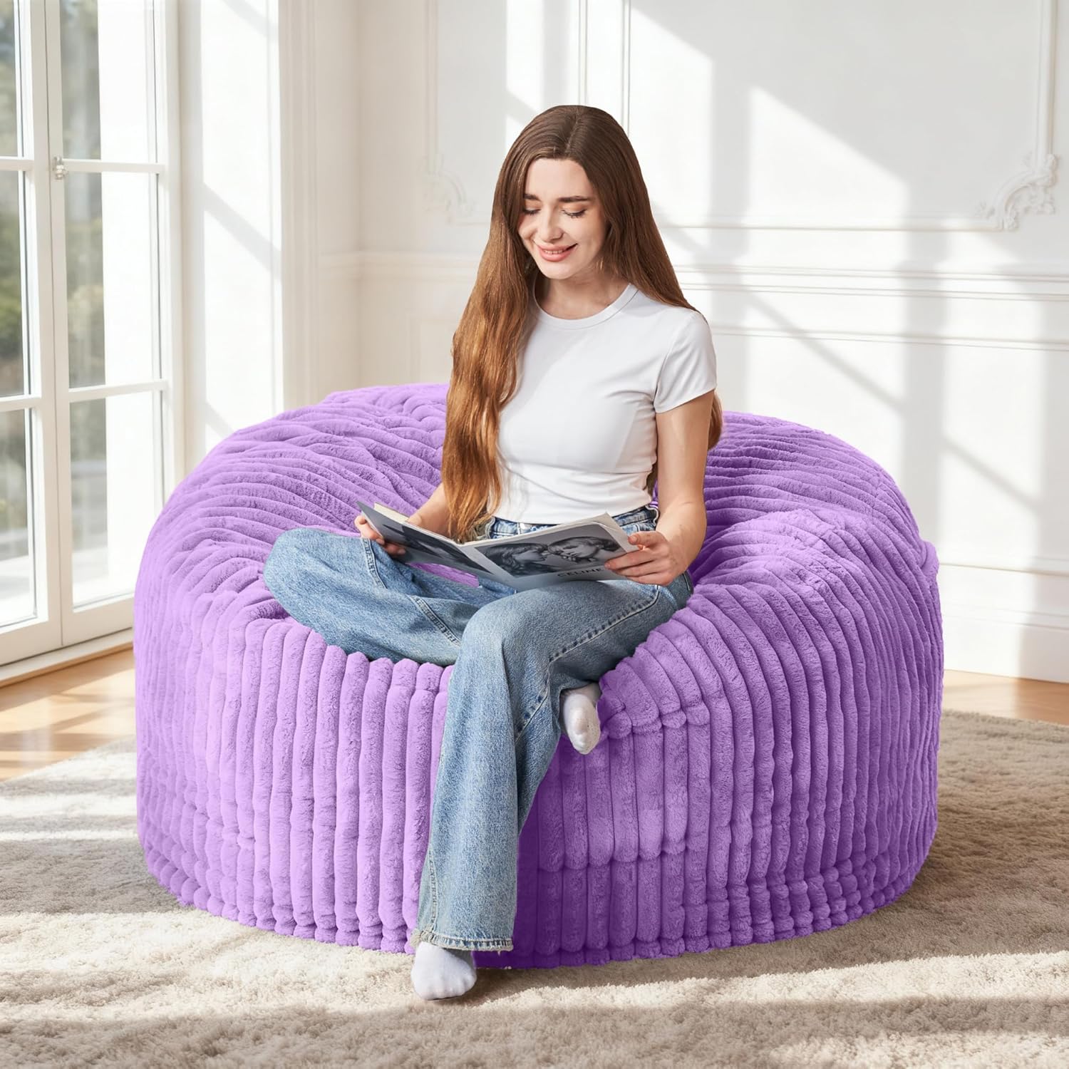 HABUTWAY 3FT Bean Bag Chair, 3' Large Bean Bag Chairs for Adults with Stripe Plush Cover, Memory Foam Beanbag Chair for Living Room Bedroom Dorm，Purple