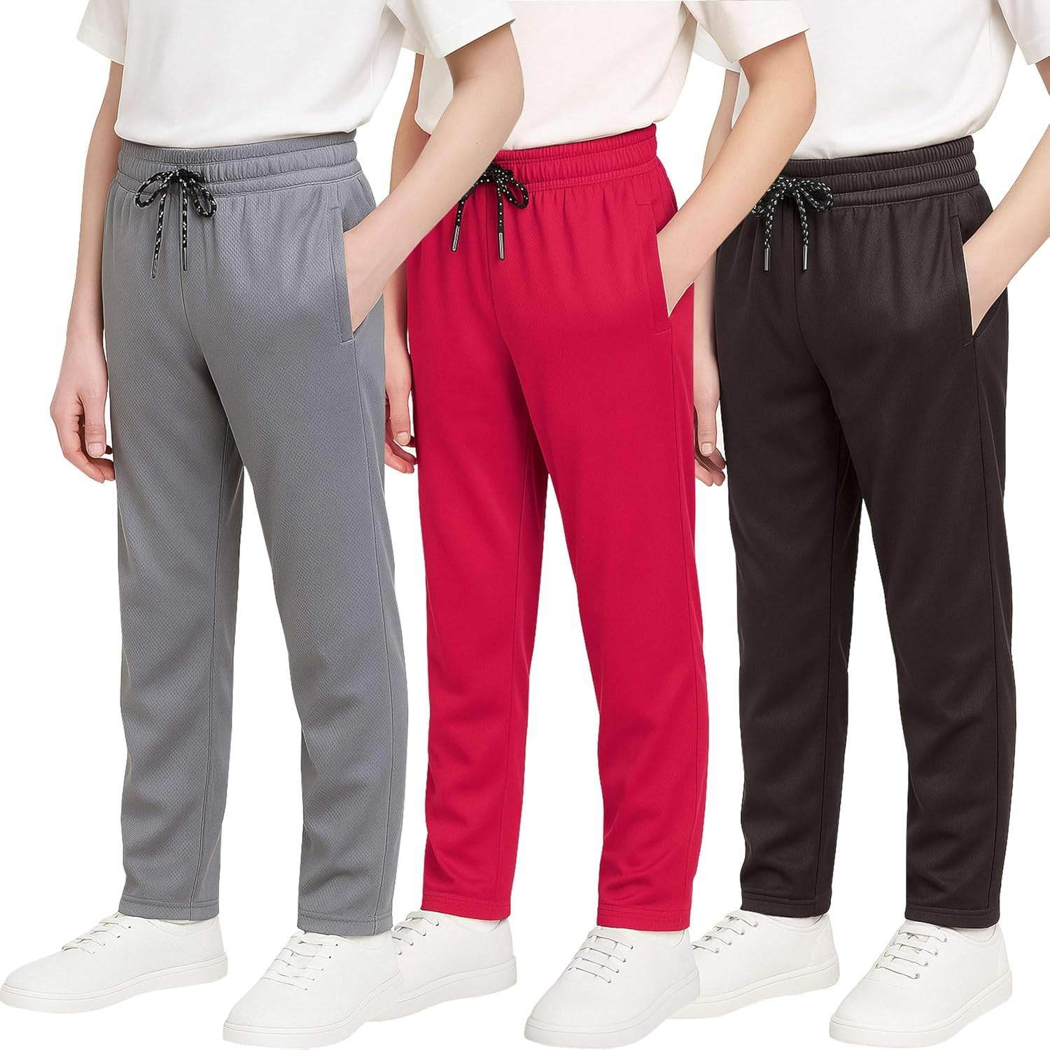 Real Essentials 3 Pack: Boys' Mesh Open Bottom Active Sweatpants with Pockets & Drawstring
