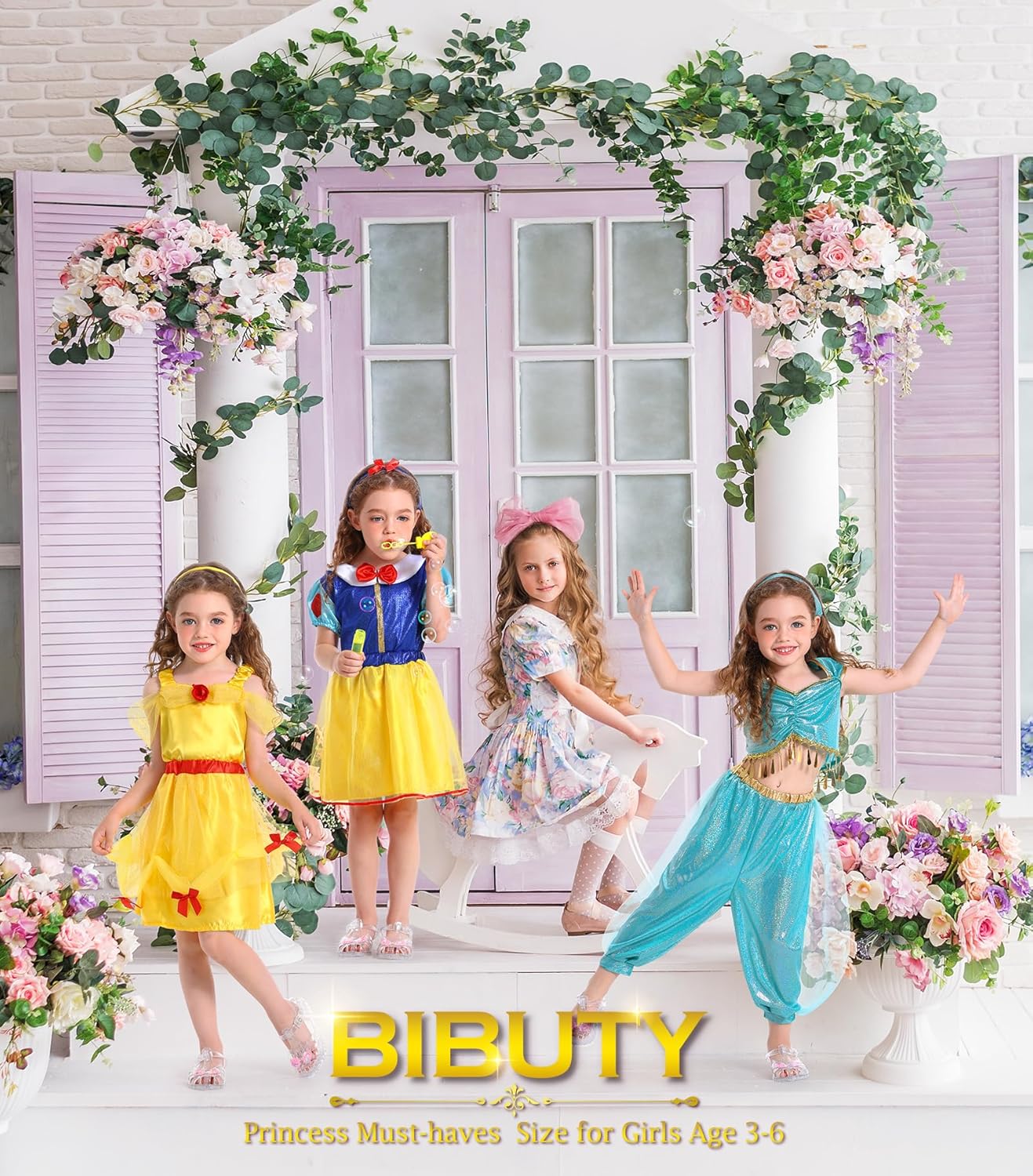 Vista 7 de Ropa de princesa para niñas pequeñas, juego de simulación de BIBUTY y disfraz, conjunto de disfraz de princesa con vestidos de princesa, capa