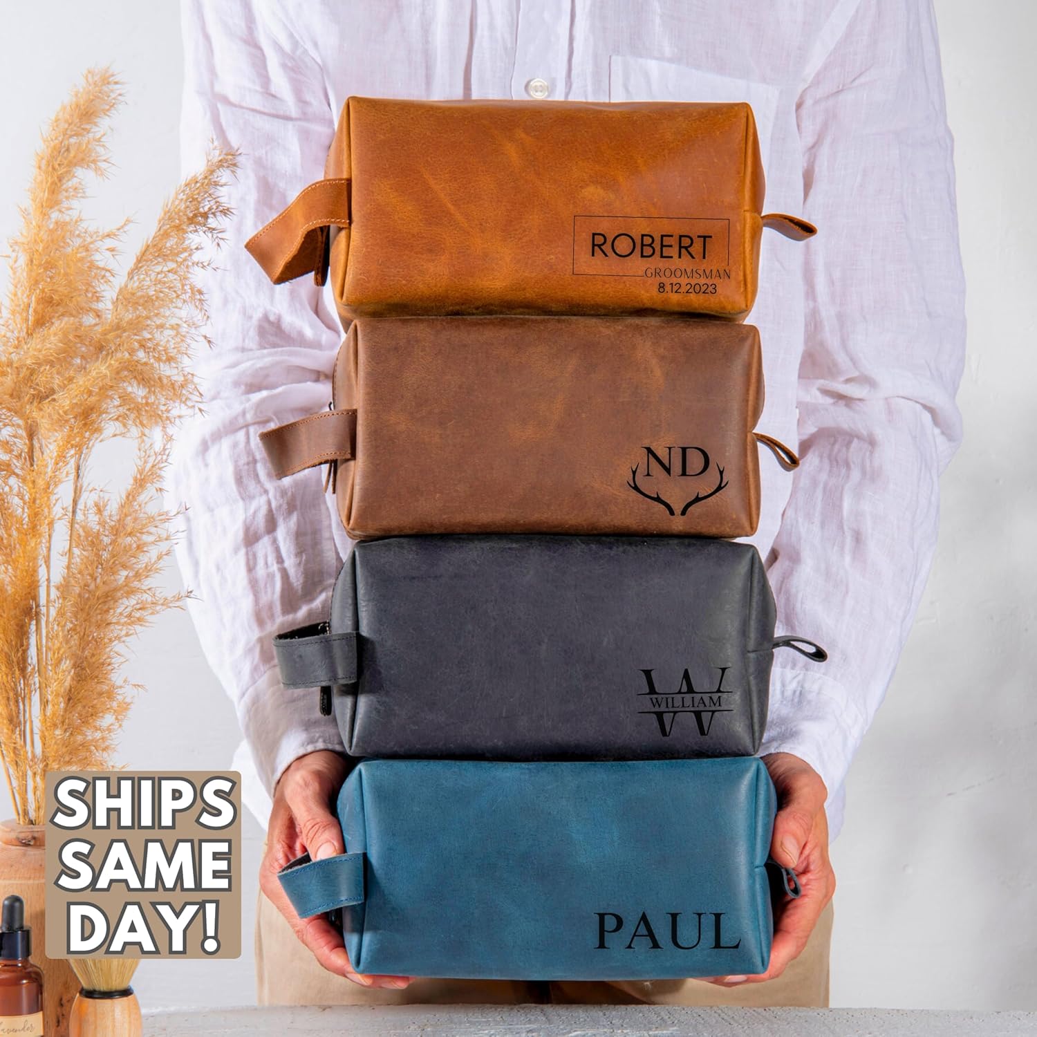 Personalized Leather Toiletry Bag for Men – Custom Shaving Dopp Kit with Name or Initial, Travel Gift for Groomsmen, Husband, Dad, Boyfriend, Birthday, Anniversary, Valentines Day Gifts for Men, Him - Image 8