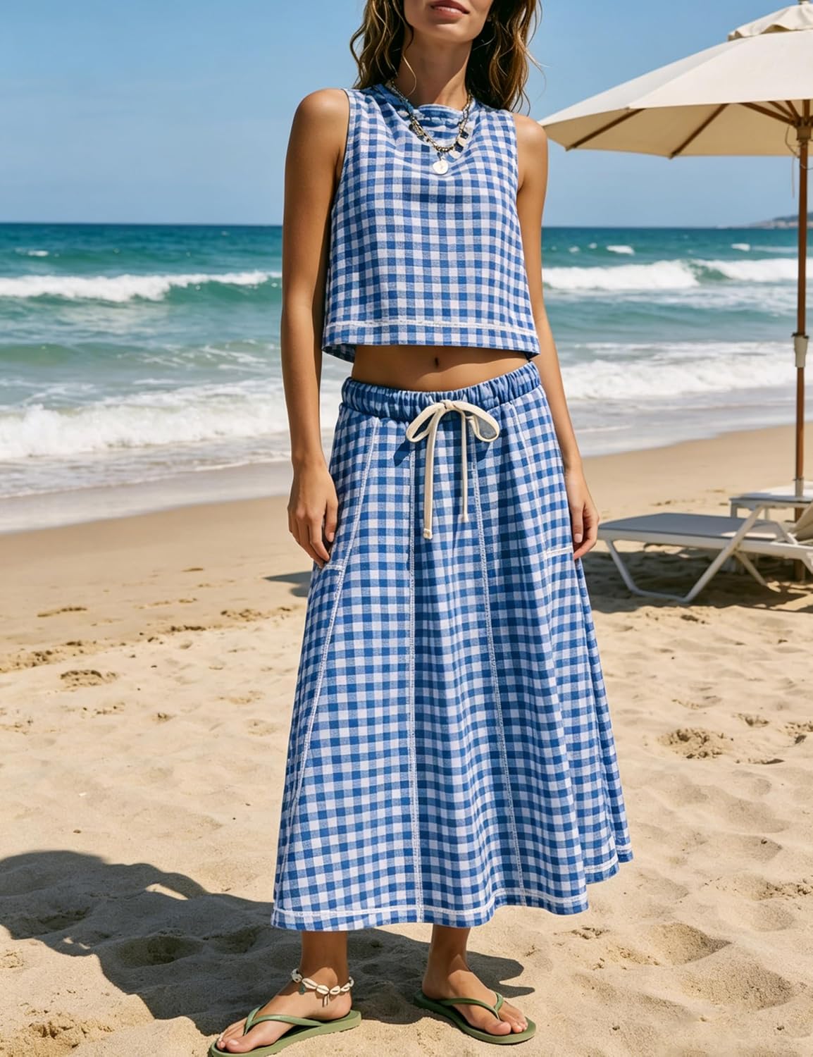 Gozoloma Women's Oversized Gingham Stitch 2 Piece Set Crewneck Sleeveless Top and Flowy Skirt with Pockets Casual Summer