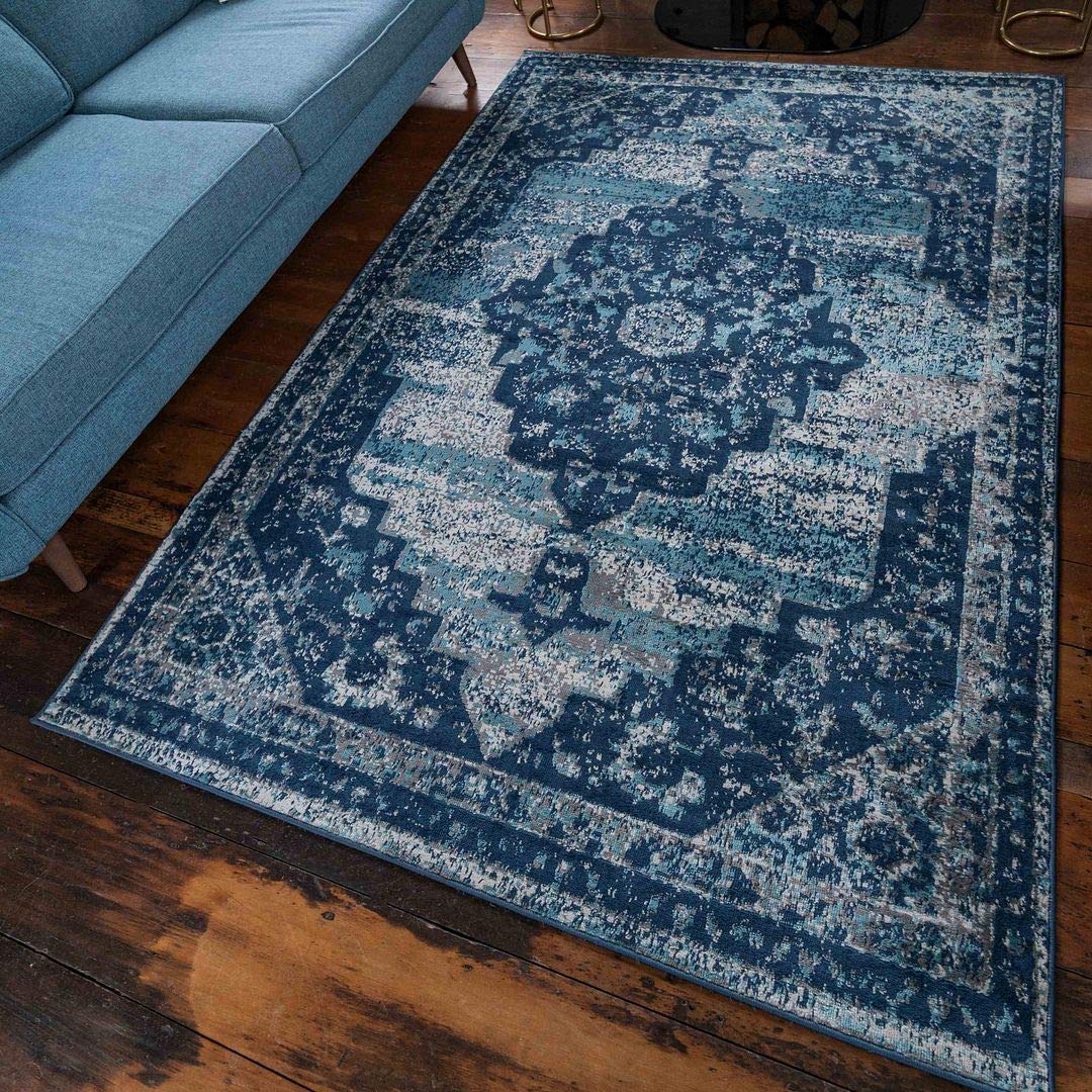 Large Navy Blue Traditional Style Living Room Rug Moroccan Floral Medallion Loung Bedroom Hall Big Area Rugs 190cm x 280cm