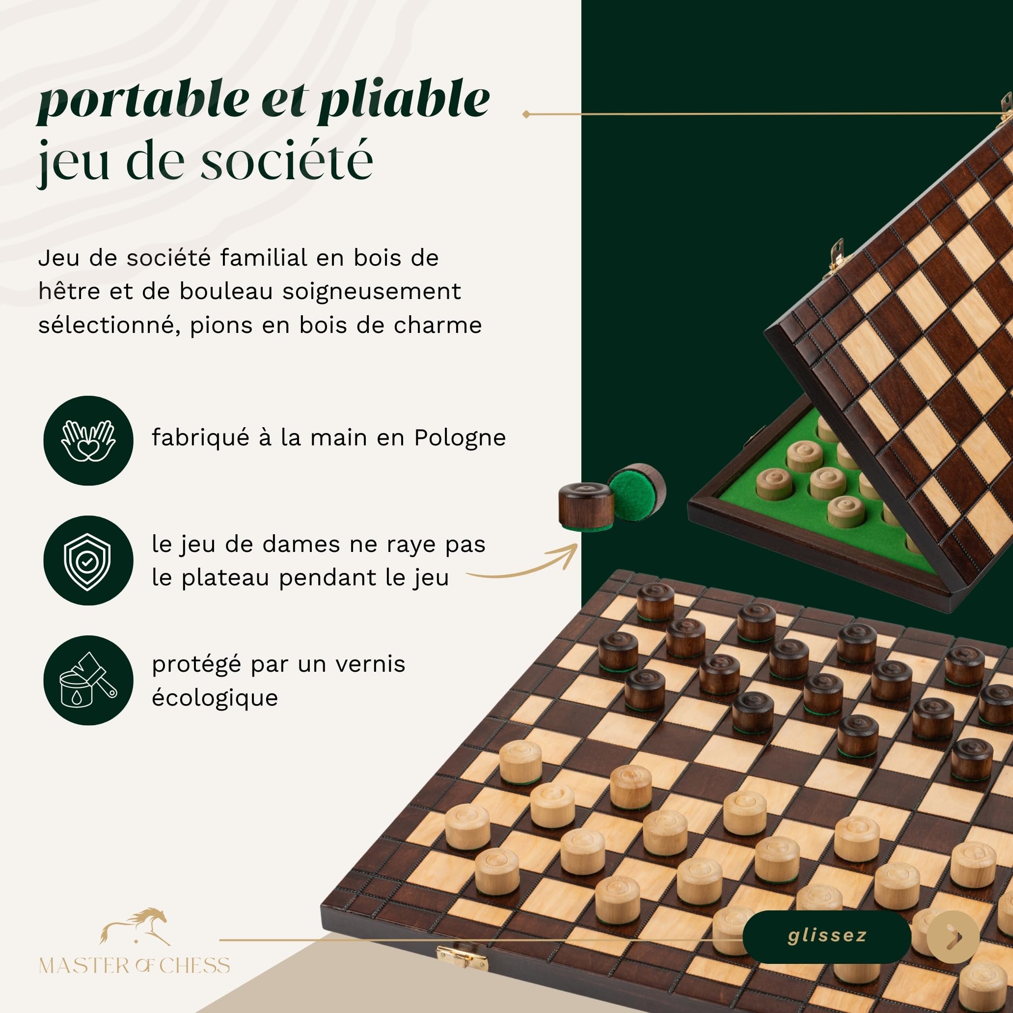Master of Chess Dames Bois et avec Pieces 39 cm - Fait Main Jeu de Dame Voyage Pliable - Grand Jeux de Dame pour Enfants et Adultes - Pions en Bois de Charme