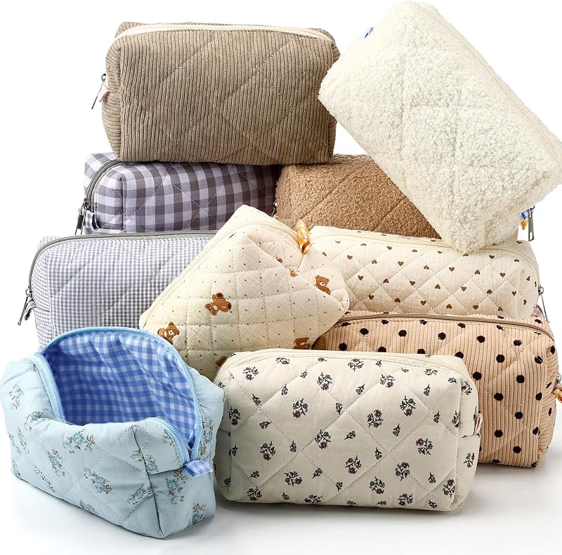 Paterr Kit com 10 Necessaires de Maquiagem de Algodão Matelassado com Zíper e Estampa Floral