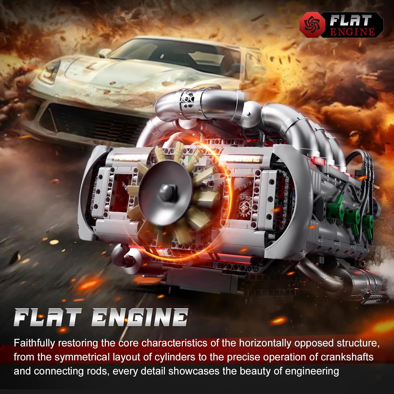 Mould King 10181 Flat-Six Engine Model Kit, Sport Car Engine Building Block with Battery Box, DIY Assembly Motorized Car Motor Kit Toys for Adult (2375+PCS)