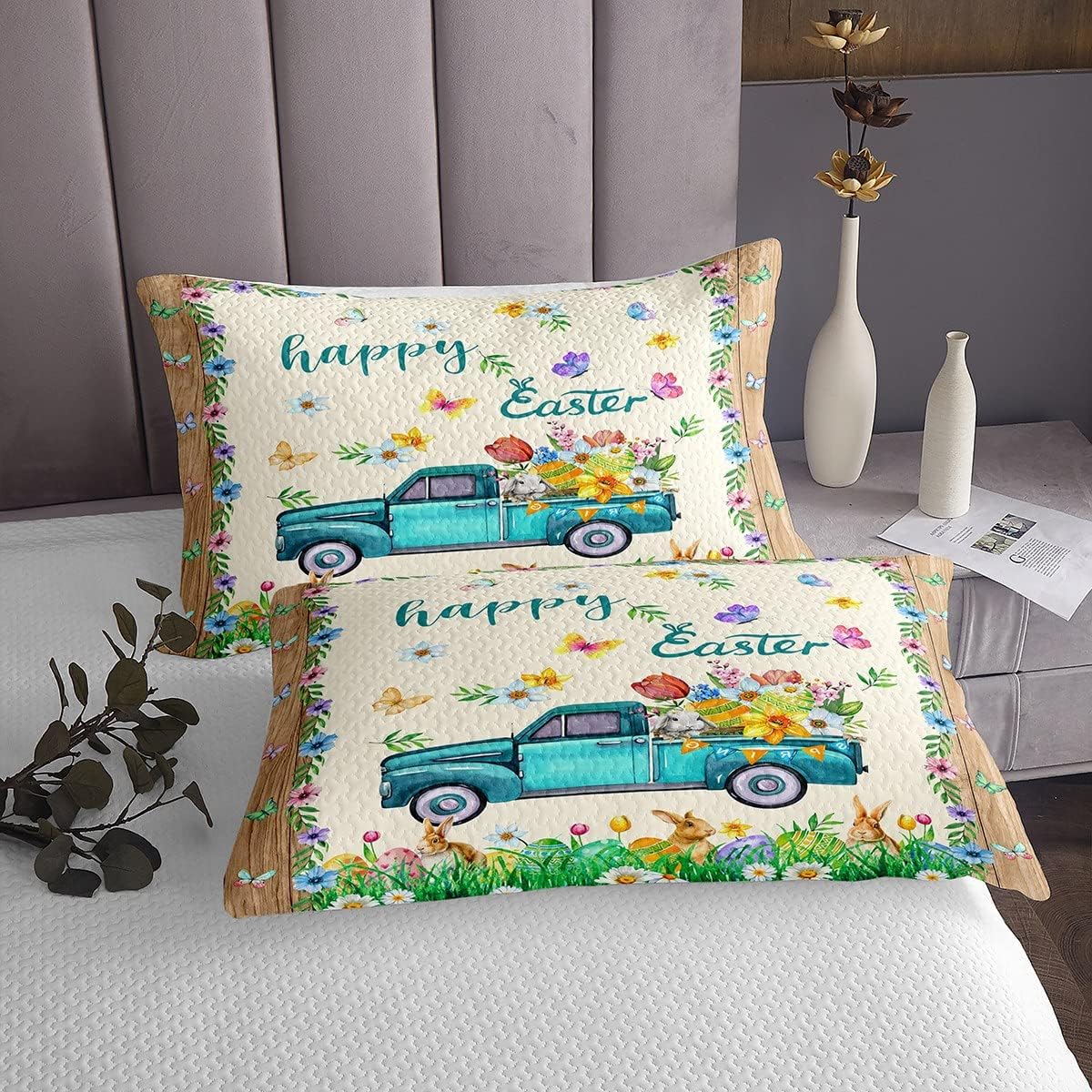 Erosebridal Easter Eggs Bedspread Teal Farm Truck Quilted Happy Easter Themed Easter Egg Rabbit Coverlet Set King,Green Leaves Rustic Flowers Wreath Kawaii Room Decor Easter Decorations