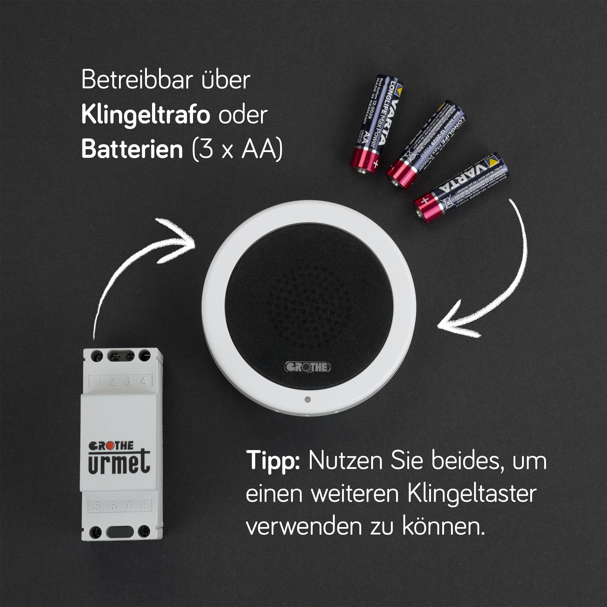 Grothe Funkklingel Türklingel Funkgong Türglocke Set mit Haustürklingel Wandmontage 500m Reichweite 13 Melodien Weiß CALIMA 100 (Hybridfunktion: Steuerung per Funksender oder Kabel)