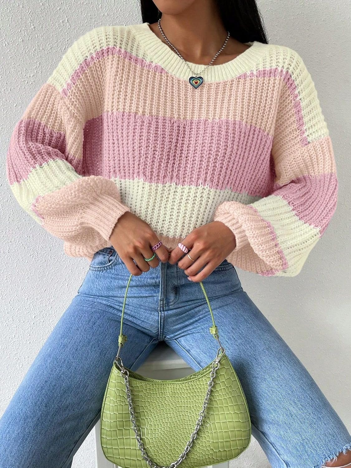 SKAYS Women's Colorblock Striped Sweater Casual Loose Round Neck Drop Shoulder Knitted Pullover