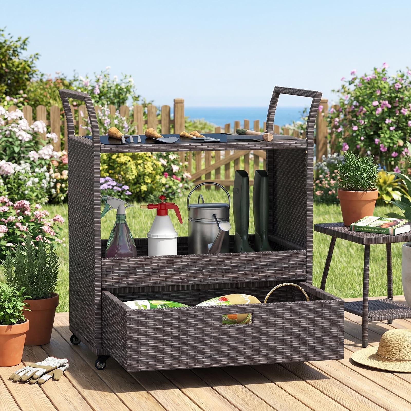 SOARS Carrello Bar in Rattan PE, Tavolo Bar da Esterno con Ruote, Ripiano Aperto, Cassetto e Piano in Vetro Temperato, Carrello di Servizio con Maniglie per Giardino, Cortile, Piscina, 85 X 47 X 92 CM