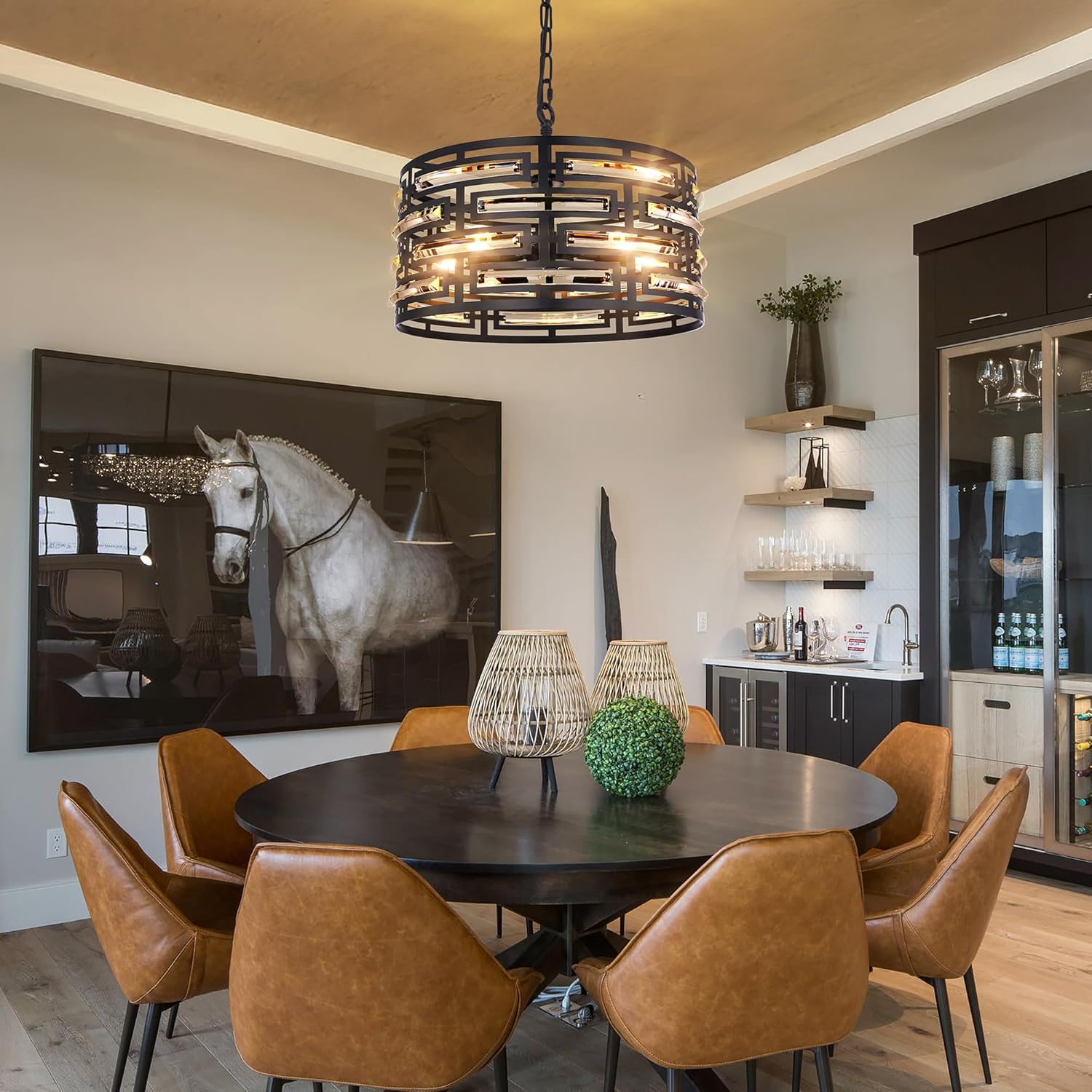 Wellemt 5-Light Drum Chandelier, Black Crystal Modern Chandeliers, Farmhouse Ceiling Lighting Fixture for Entryway, Dining Room, Living Room, Bedroom, Bathroom, Kitchen, Hallway, Foyer, W-20in