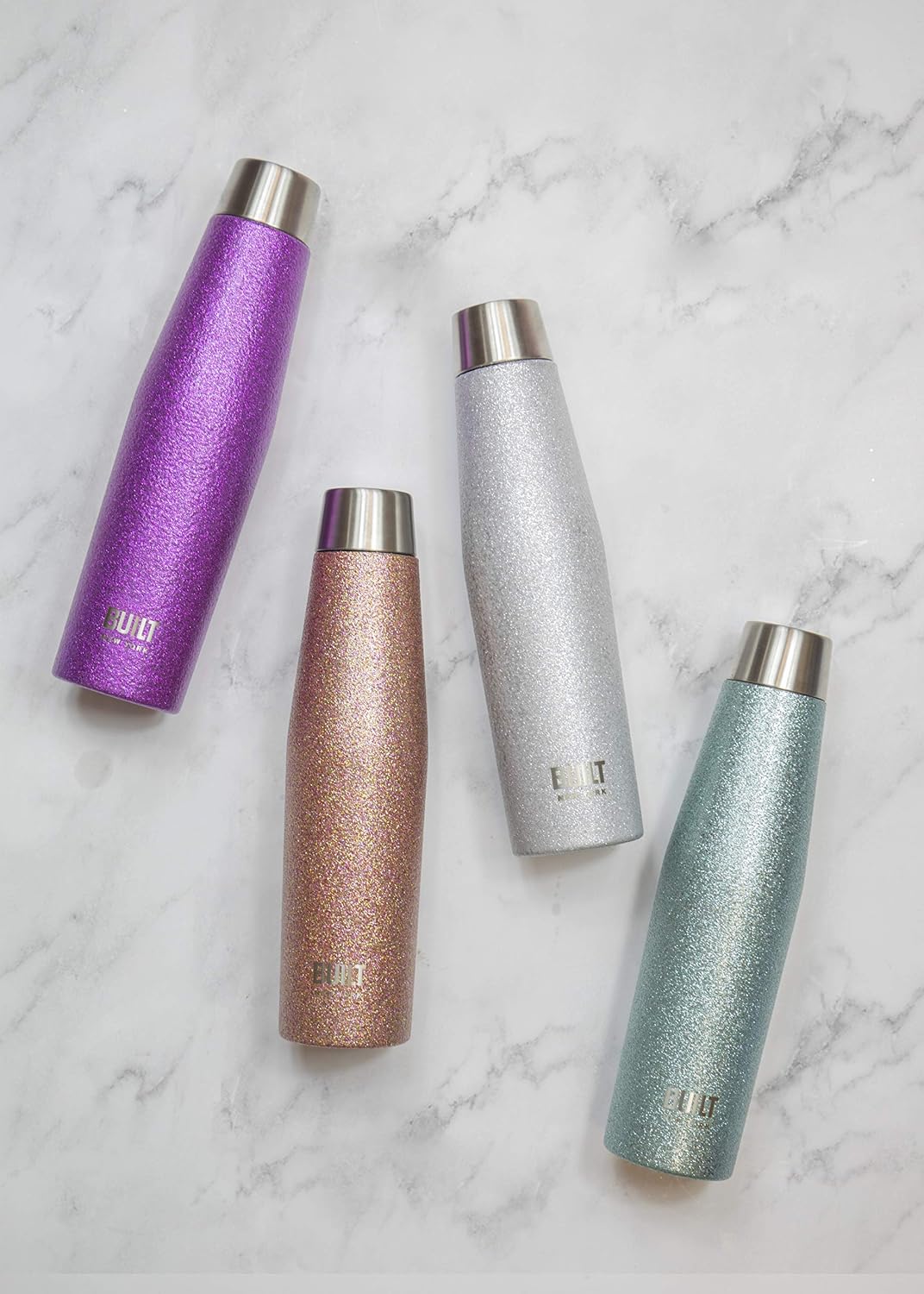 Built Apex Insulated Water Bottle with Leakproof Perfect Seal Lid, Sweatproof 100% Reusable BPA Free 18/8 Stainless Steel Flask, Aqua Glitter, 540 ml