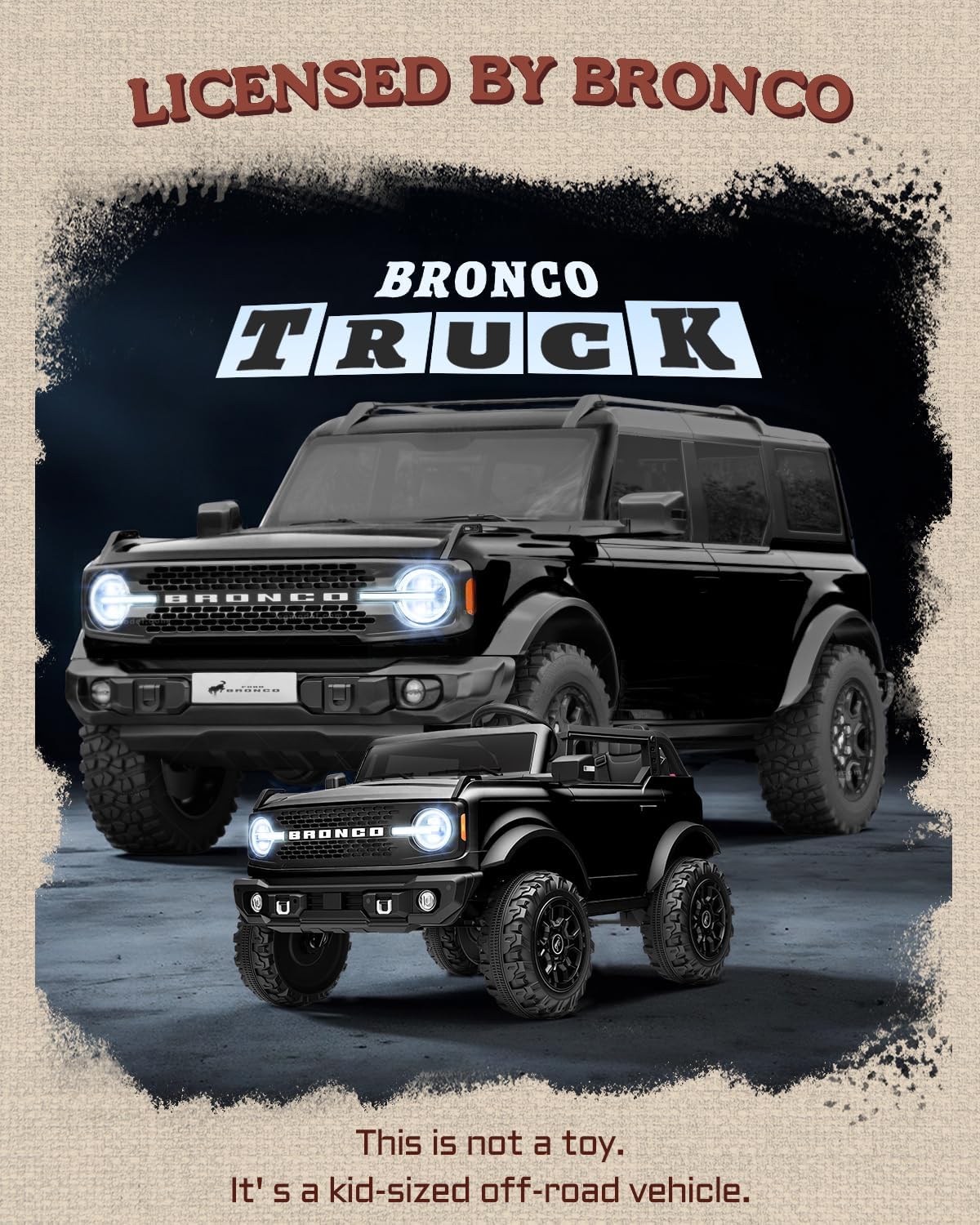 First Ride On 24V Ride on Toys for Big Kids, 2 Seater Licensed Ford Bronco Base Ride on Car, Electric Car for Kids with Parent Remote Control, Bluetooth, Seat Belts, Spring Suspension and LED (Black)