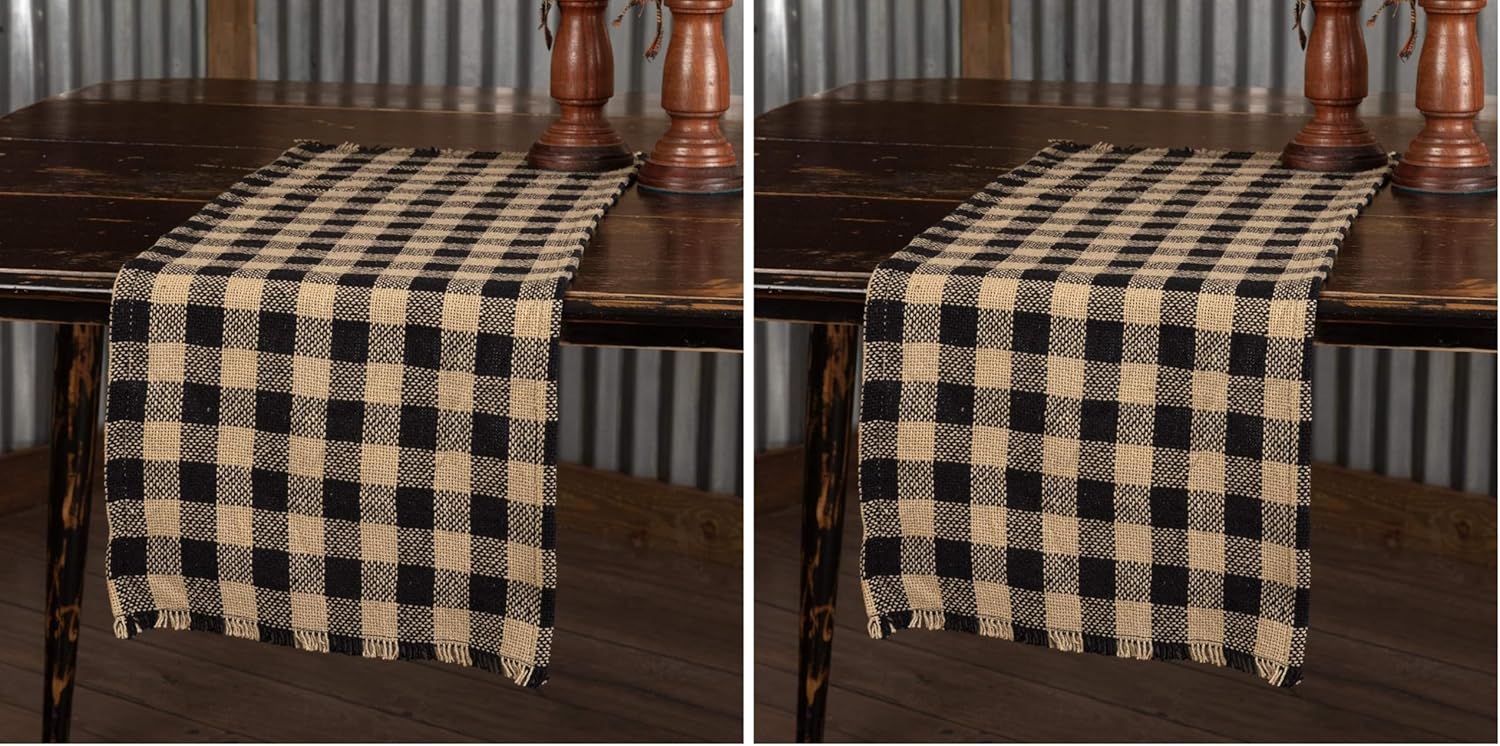 VHC Brands Burlap Black Check Runner Fringed 13x48 Country Rustic Kitchen Tabletop Design, Black and Tan (Pack of 2)