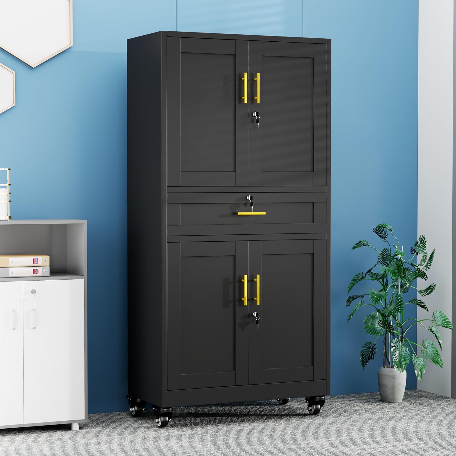 Ckzbx Metal Garage Storage Cabinet with Locking Drawers and Adjustable Shelves,74" H Rolling Tool Storage with Wheels for Garage,Office (Black)