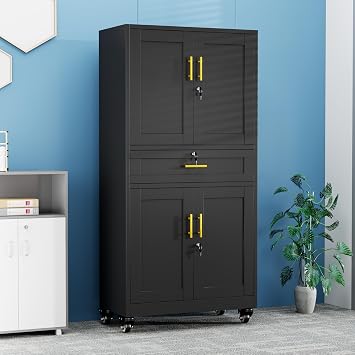 Ckzbx Metal Garage Storage Cabinet with Locking Drawers and Adjustable Shelves,74" H Rolling Tool Storage with Wheels for Garage,Office Black