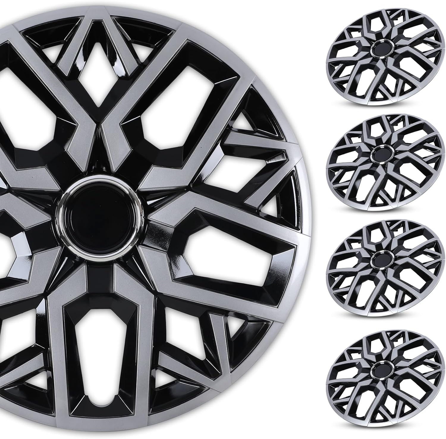 WOLFSTORM 16’’ Universal Hubcaps for Steel Wheel Rims Cover R16 Car Hubcaps Snap On Installation with Retention Rings 16 Inch Wheel Cover Set of 4, Black & Silver Lacquer Hub caps