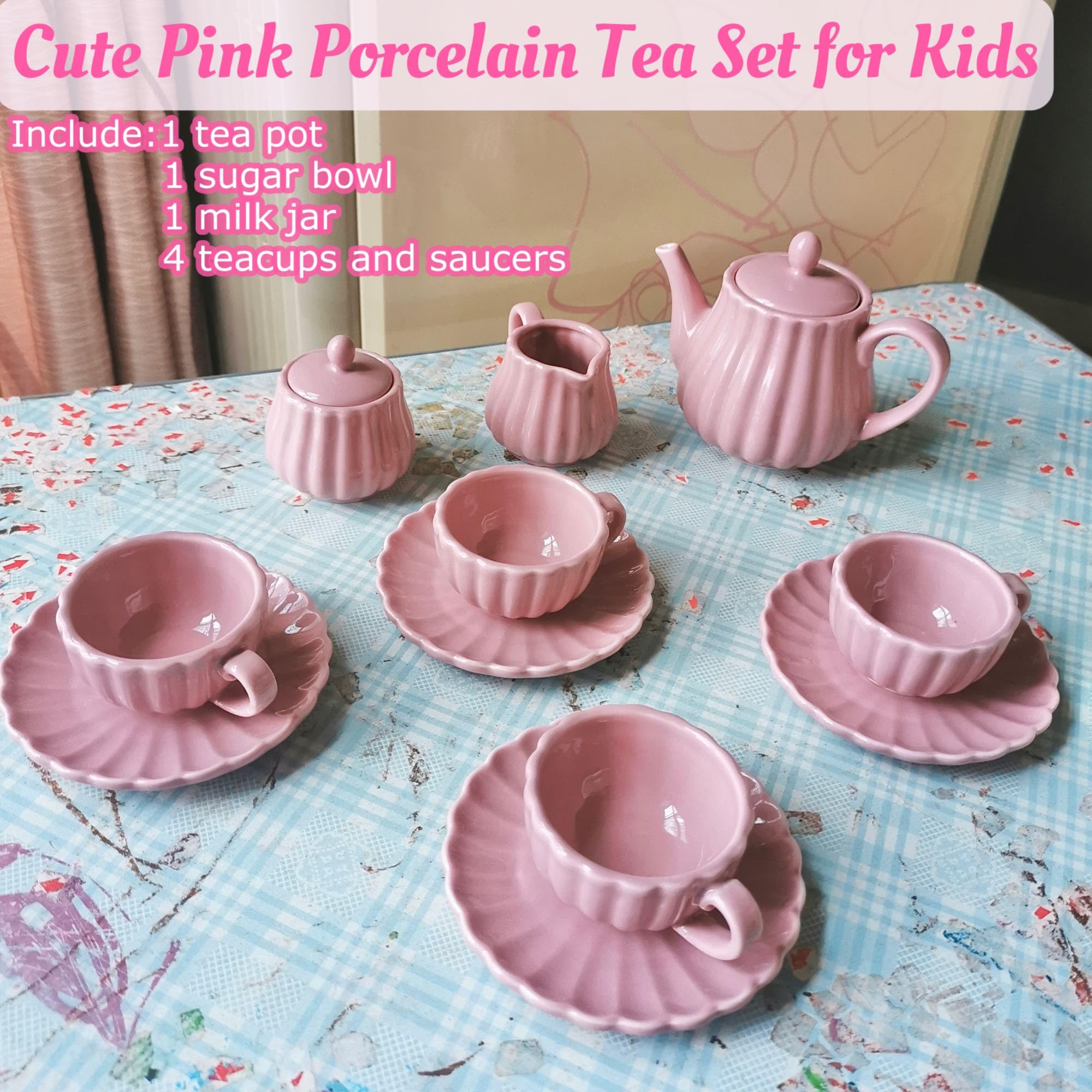 Pink Porcelain Tea Sets for Kids, Small Coffee Espresso Shot Tea Cups of 4, Porcelain Teapot and Cup Set, Tea Kettle, Fancy Tea Set for Girls Kids Party, Gift for Children (Pink)