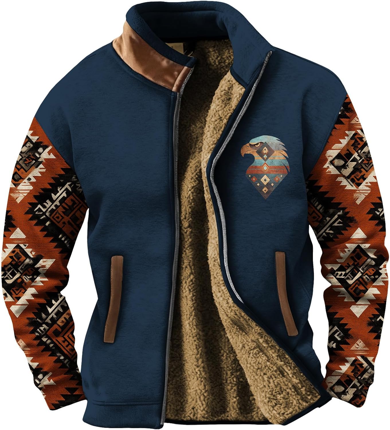 Aztec Graphic Fleece Jacket for Men Tribal Print Vintage Coat Casual Soft Full Zip Up Long Sleeve Jackets Pockets