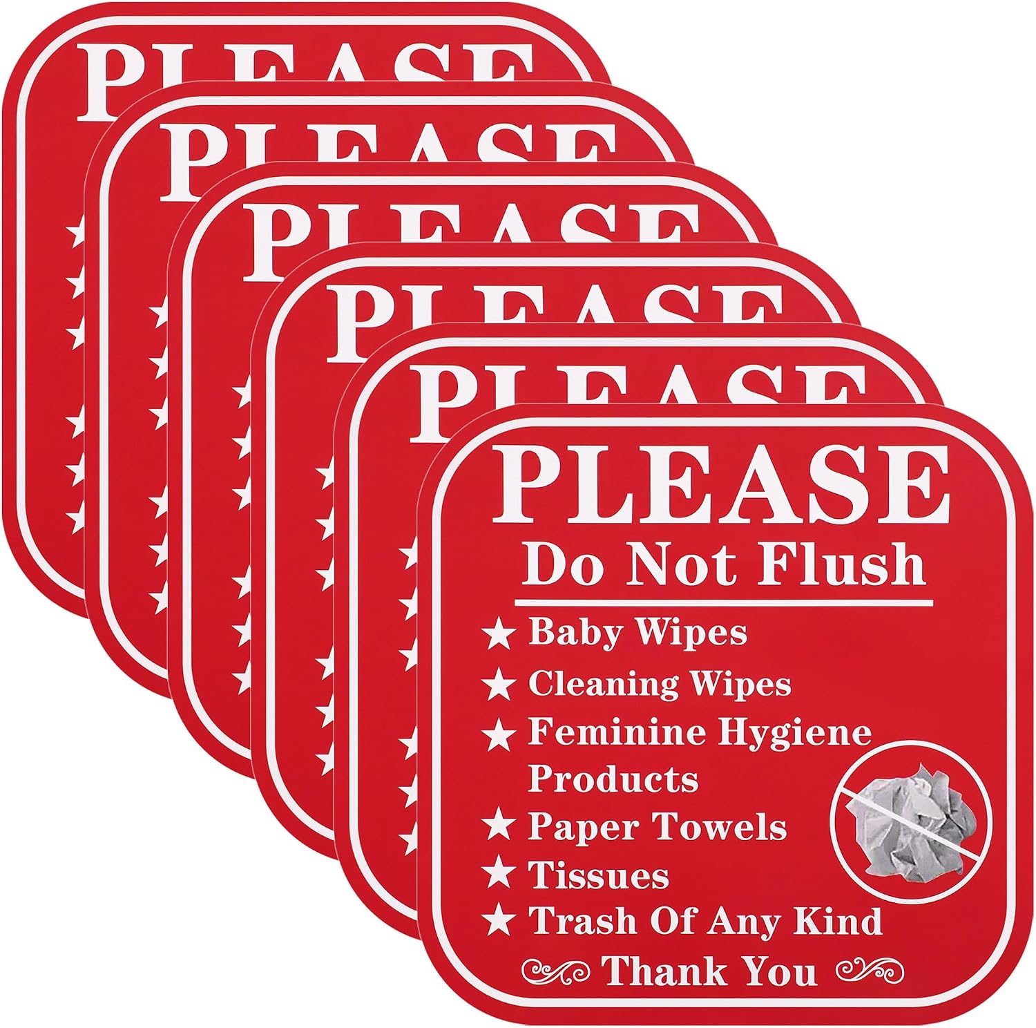 6 Sheets Please Do Not Flush Warning Stickers - Waterproof Self-Adhesive Bathroom Toilet Signs, Restroom Reminder Decals for No Wipes, Tissues or Trash Disposal (Red)