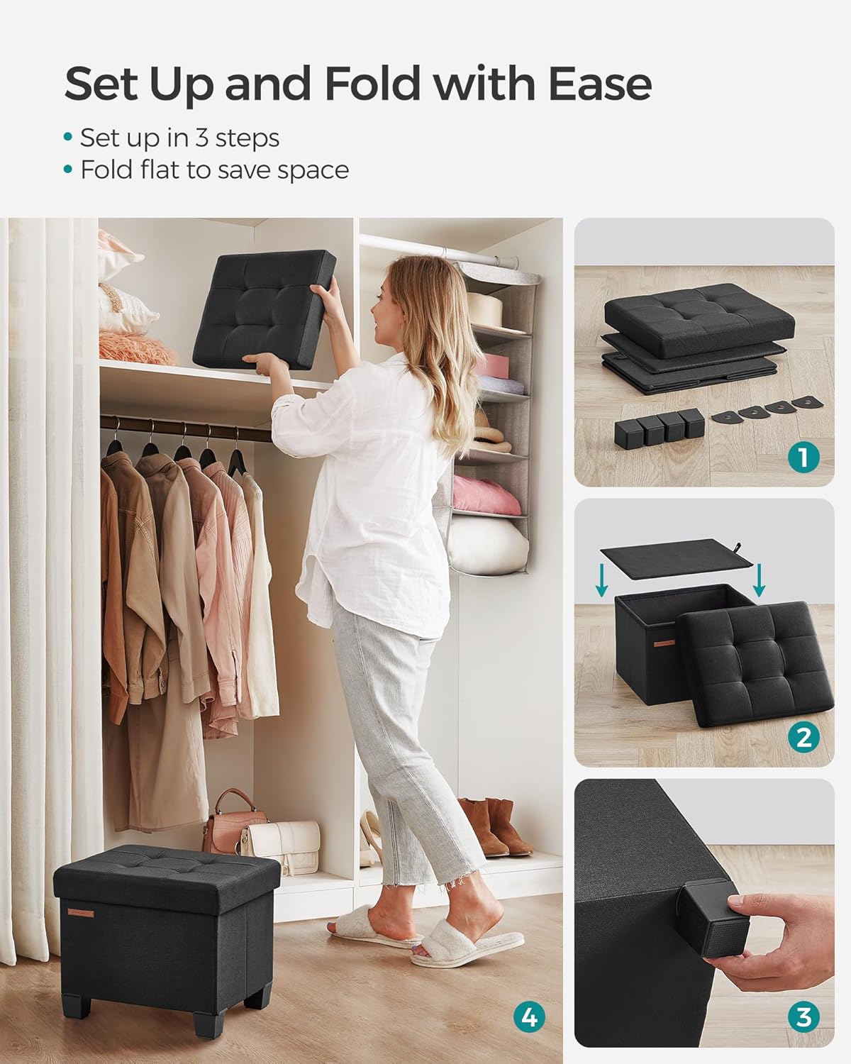 SONGMICS Storage Ottoman, Small Ottoman Foot Rest with Legs, 12.6 x 15.7 x 13.2 Inches Foot Stool, Load up to 660 lb, for Living Room, Bedroom, Dorm, Ink Black ULSF012B01